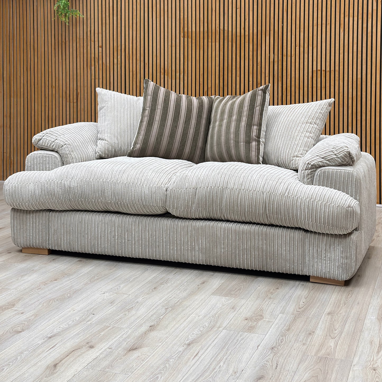 ‘Celine’ Mink and Mocha Jumbo Cord Fabric 3 Seater Pillow Back Deluxe Sofa Bed