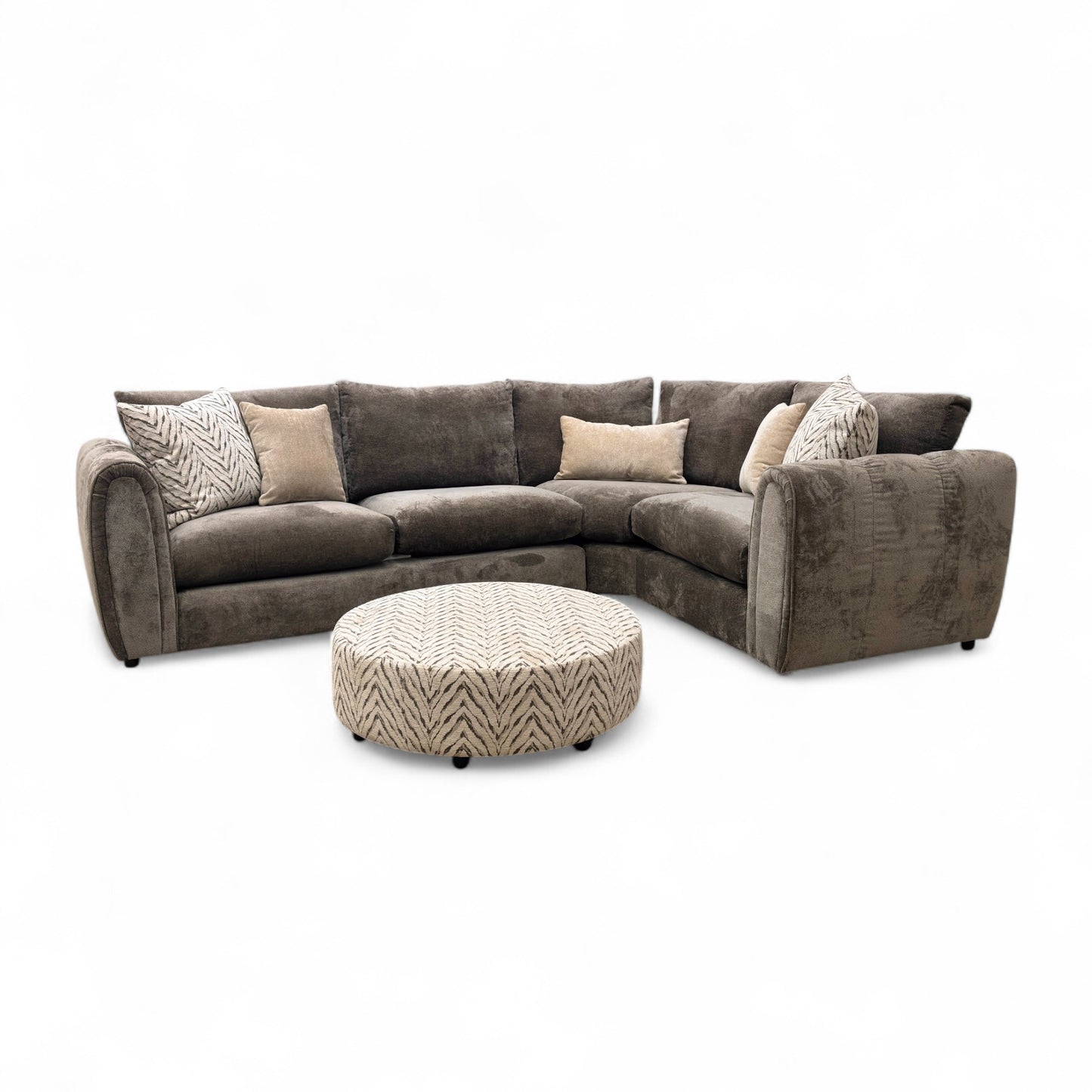 ‘Alana’ Chocolate Boucle Right Hand Facing Corner Sofa + Round Accent Footstool