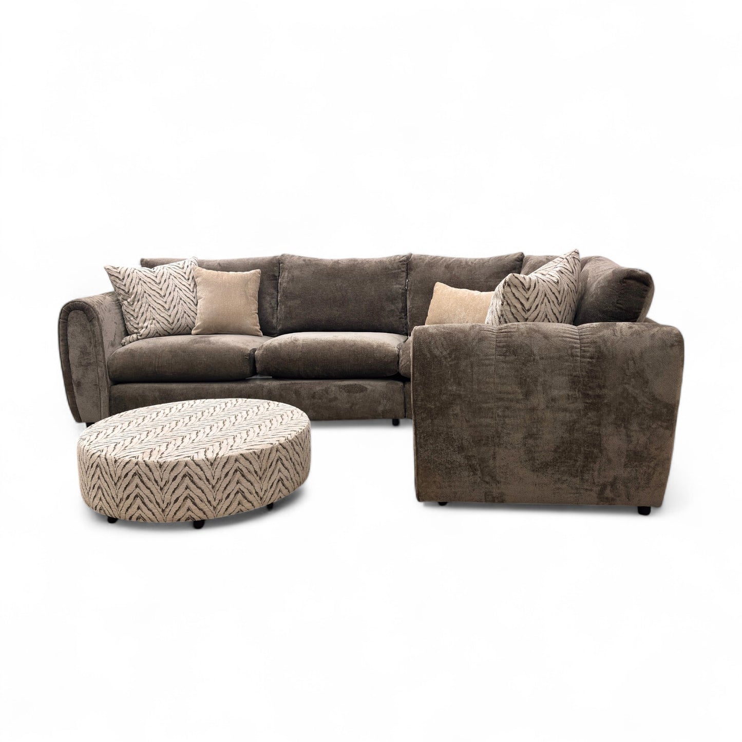 ‘Alana’ Chocolate Boucle Right Hand Facing Corner Sofa + Round Accent Footstool