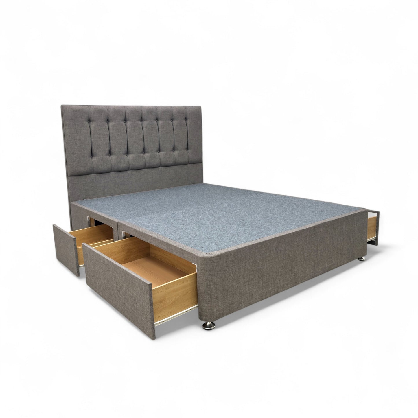 ‘Martin’ Mushroom Fabric 4 Draw Divan Base with Floor Standing Headboard - King