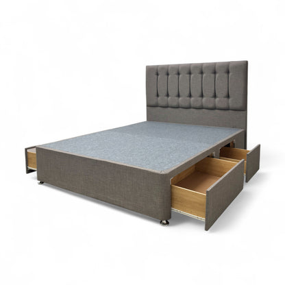 ‘Martin’ Mushroom Fabric 4 Draw Divan Base with Floor Standing Headboard - King