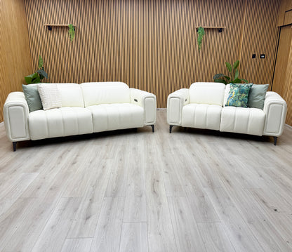 'Elphaba' Cotton White Leather 3 + 2 Seater Power Recliner Sofa Set with Storage Arms
