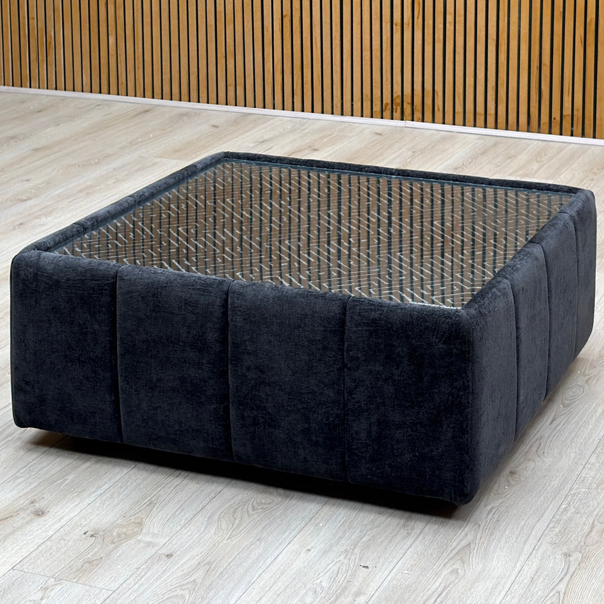 'Belissimo' Mirage Black - Bell Black_Gold Patterned Fabric Square Glass Top Table