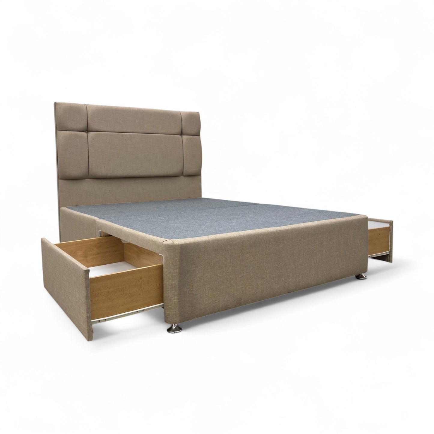 ‘Dalton’ Oatmeal Fabric 2 Draws Divan Base with Floor Standing Headboard - Double
