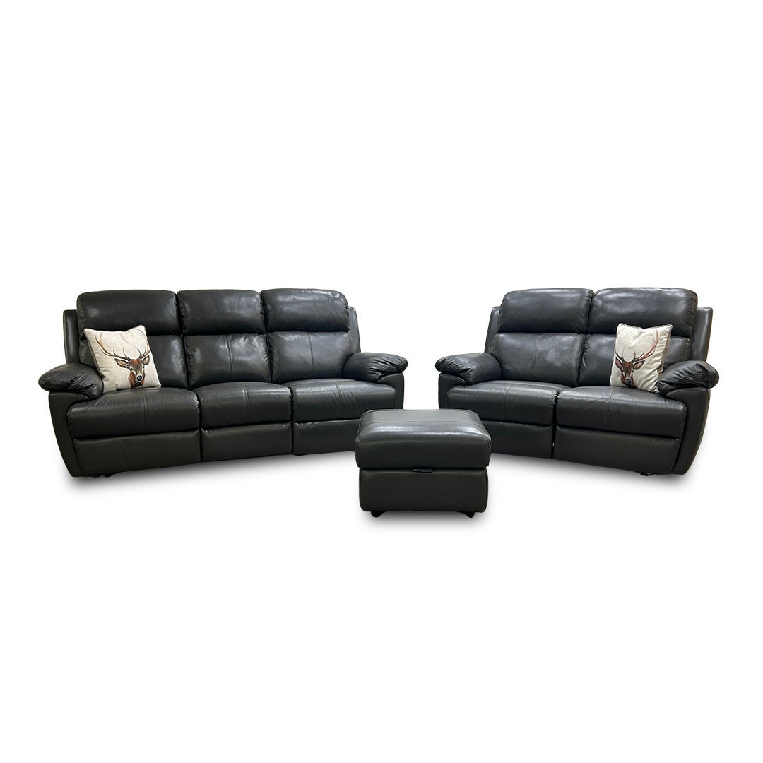 'Blair' Charcoal Grey Florida Leather Manual Recliner 3 Seater Sofa + Power Recliner 2 Seater Sofa + Storage Footstool