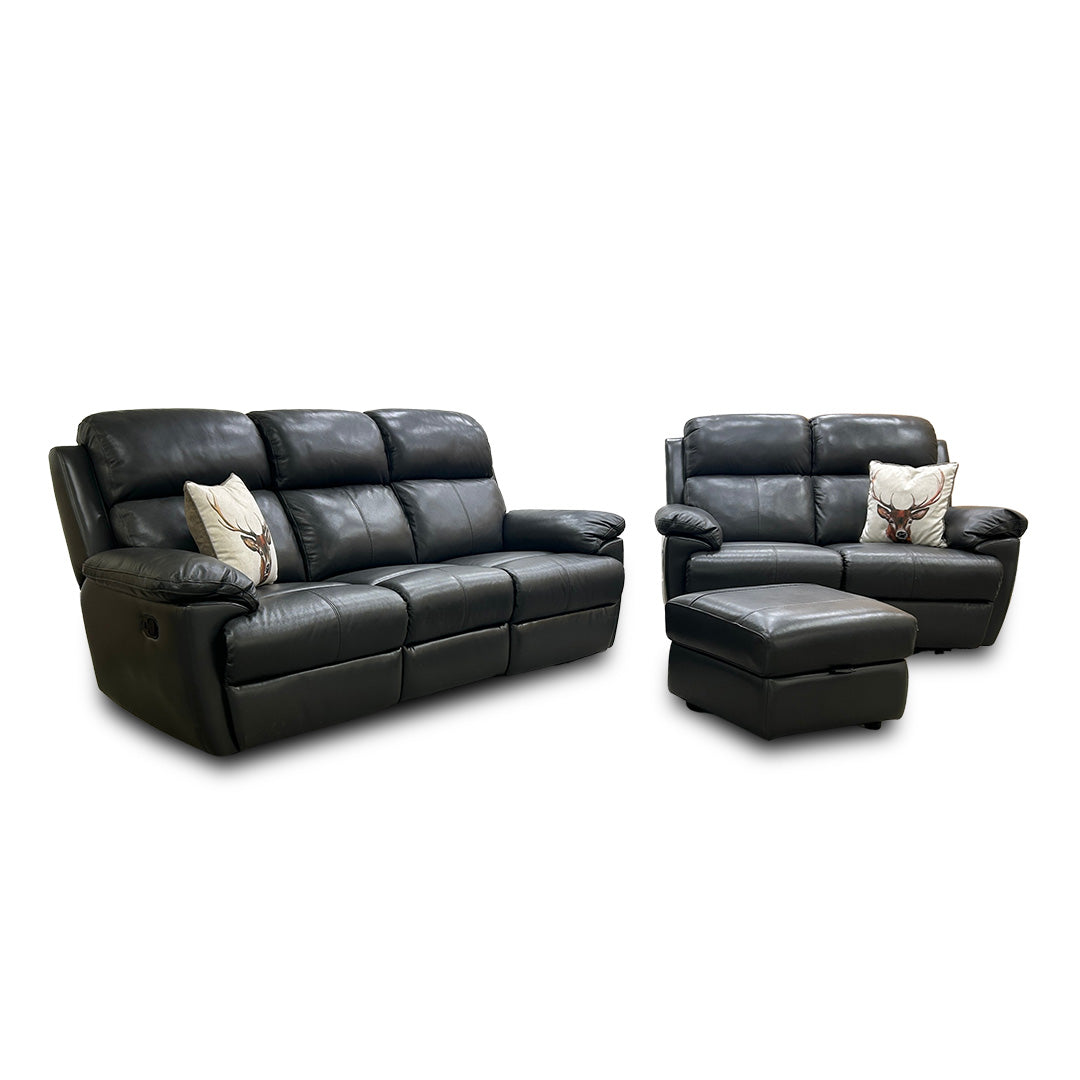 'Blair' Charcoal Grey Florida Leather Manual Recliner 3 Seater Sofa + Power Recliner 2 Seater Sofa + Storage Footstool