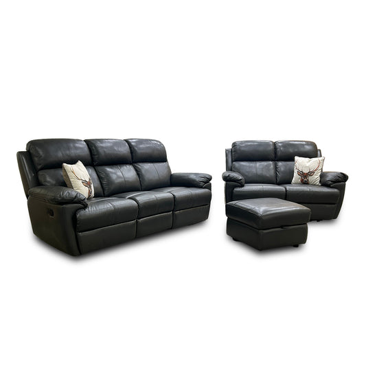 'Blair' Charcoal Grey Florida Leather Manual Recliner 3 Seater Sofa + Power Recliner 2 Seater Sofa + Storage Footstool