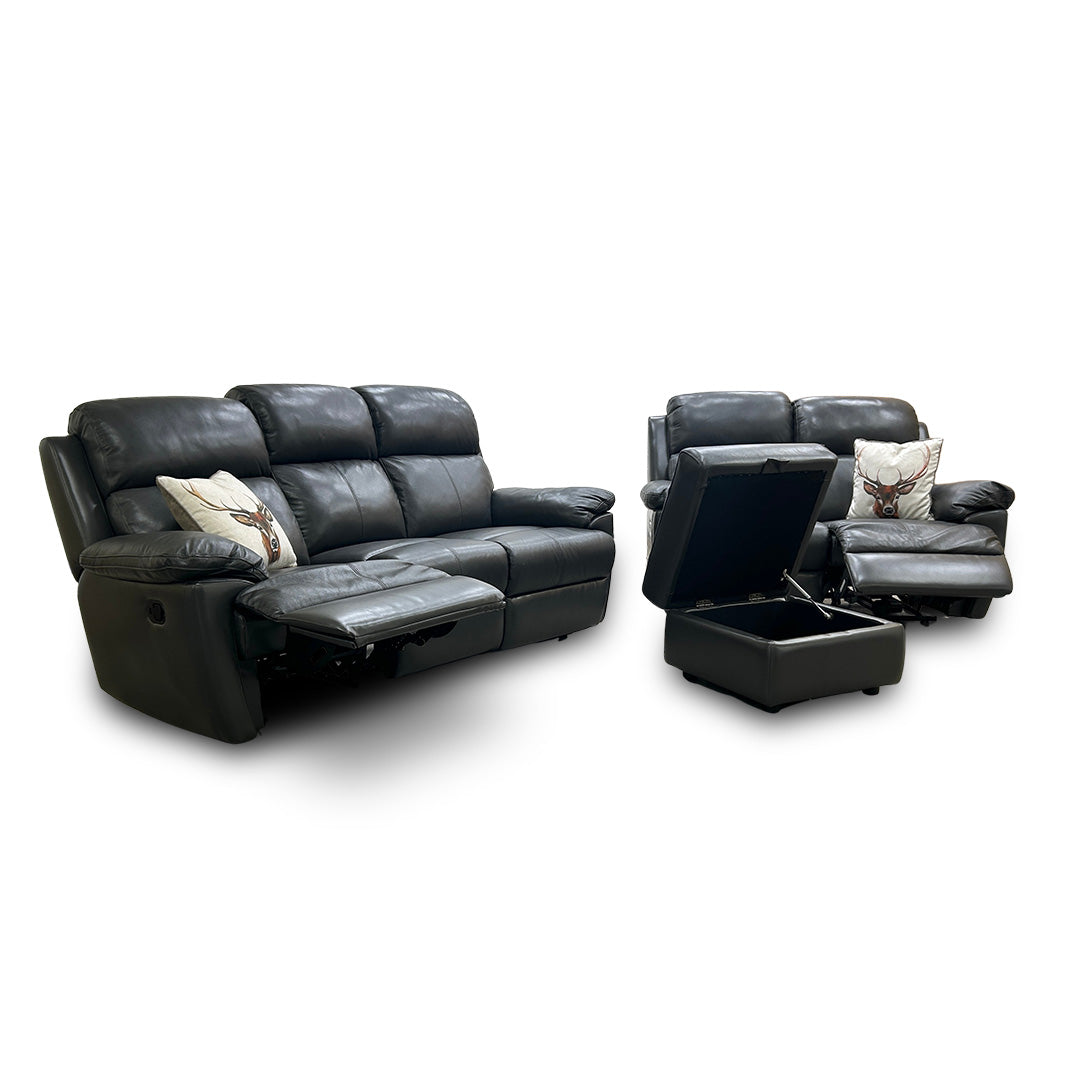 'Blair' Charcoal Grey Florida Leather Manual Recliner 3 Seater Sofa + Power Recliner 2 Seater Sofa + Storage Footstool