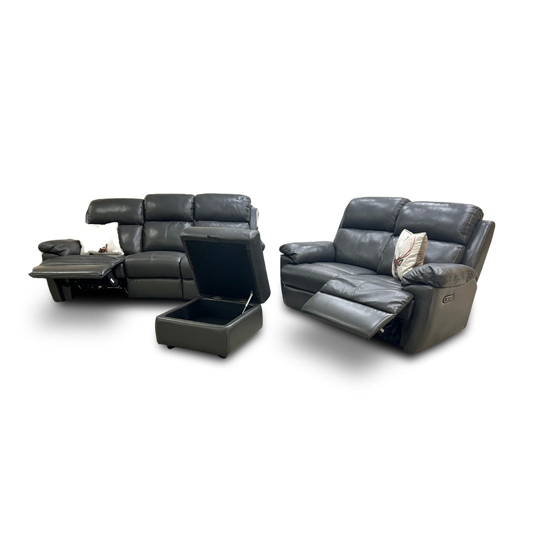 'Blair' Charcoal Grey Florida Leather Manual Recliner 3 Seater Sofa + Power Recliner 2 Seater Sofa + Storage Footstool