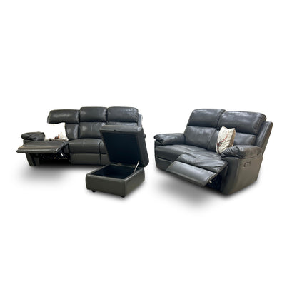 'Blair' Charcoal Grey Florida Leather Manual Recliner 3 Seater Sofa + Power Recliner 2 Seater Sofa + Storage Footstool