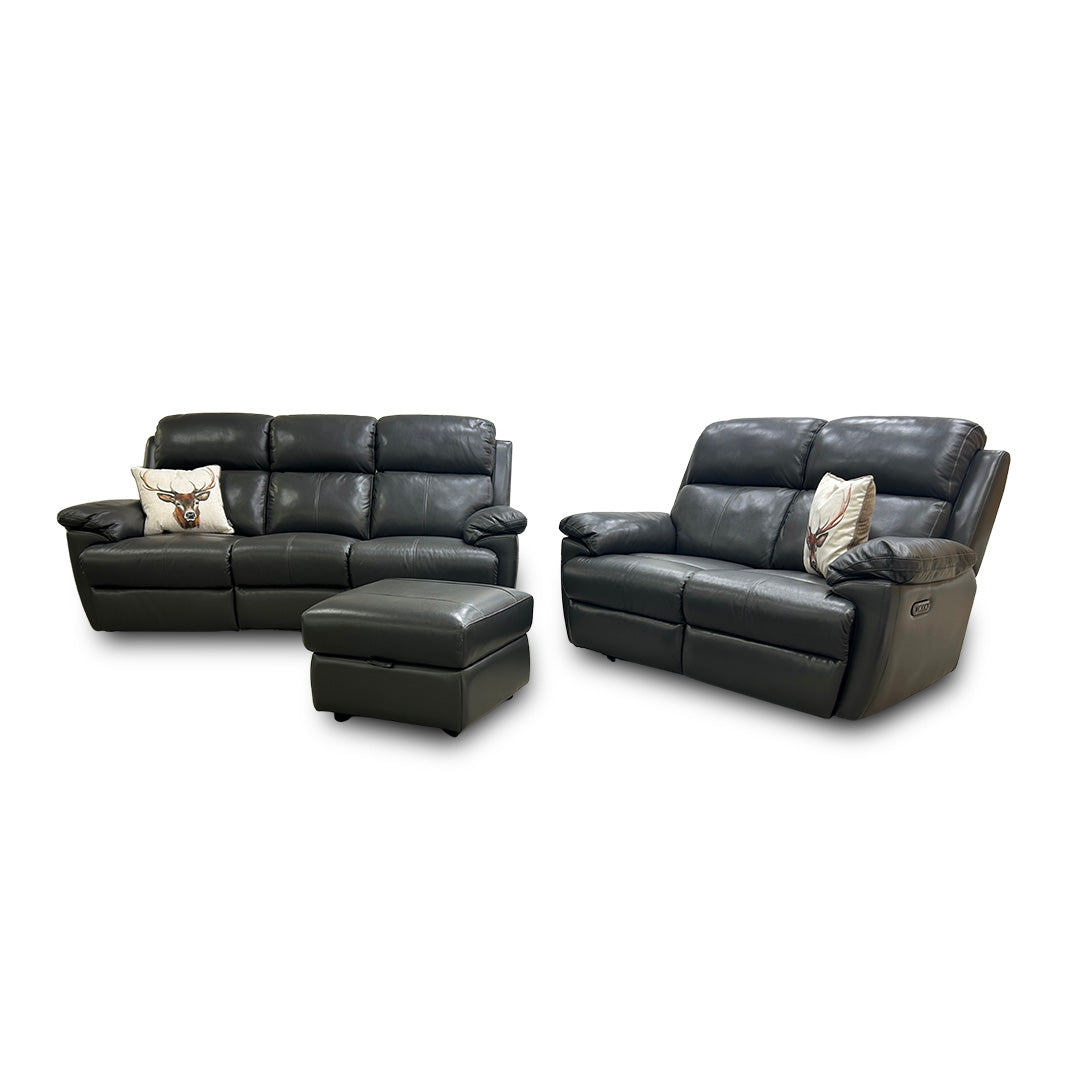 'Blair' Charcoal Grey Florida Leather Manual Recliner 3 Seater Sofa + Power Recliner 2 Seater Sofa + Storage Footstool