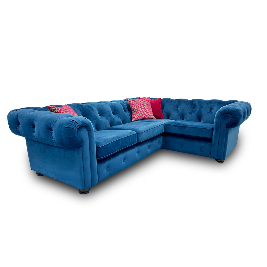 ‘Belair’ Royal Blue Sensual Velvet Left Hand Facing Arm 2 Seater Corner Sofa