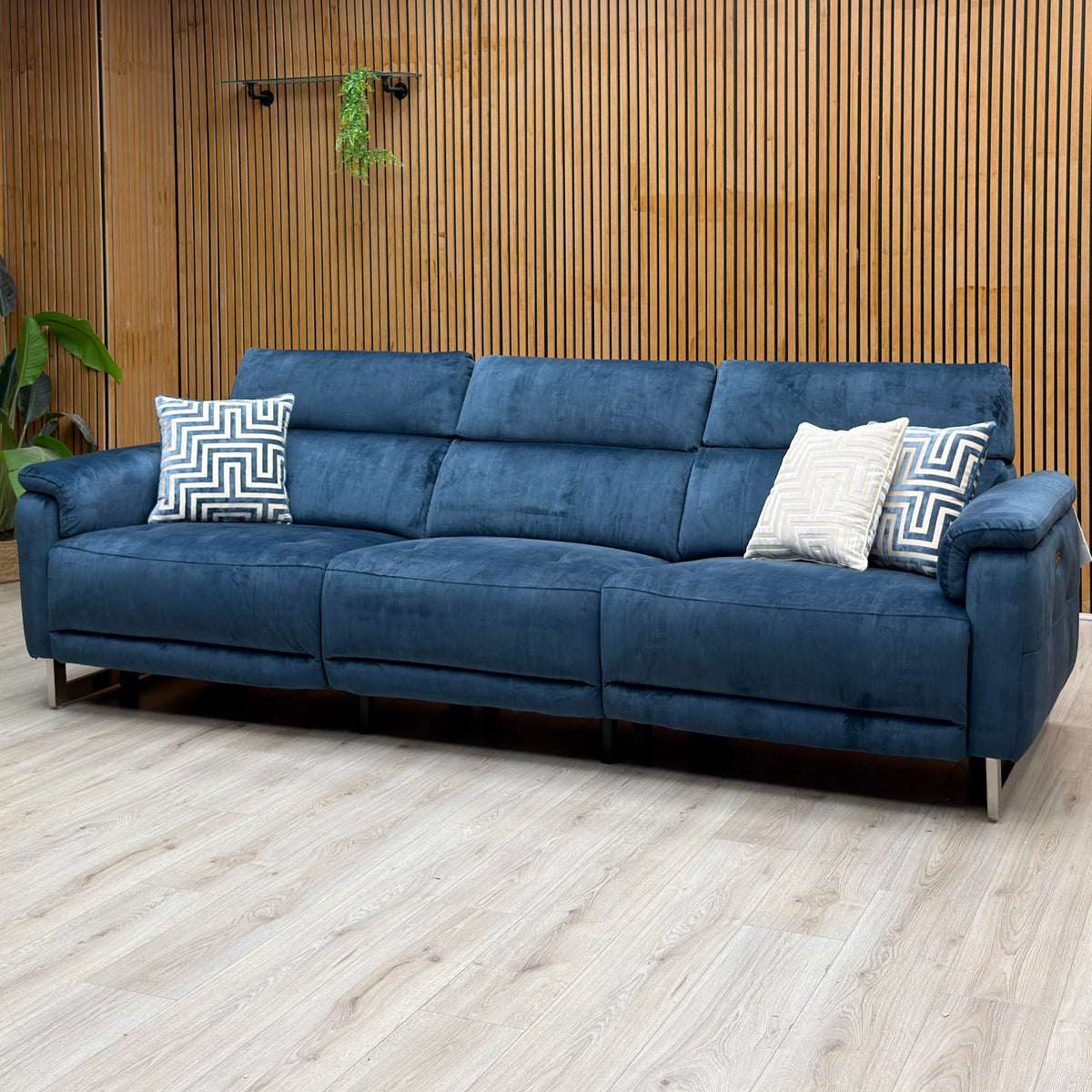 'Moet' Giula Dark Blue Velvet Fabric 4 Seater Power Recliner Sofa with Telescopic Headrests