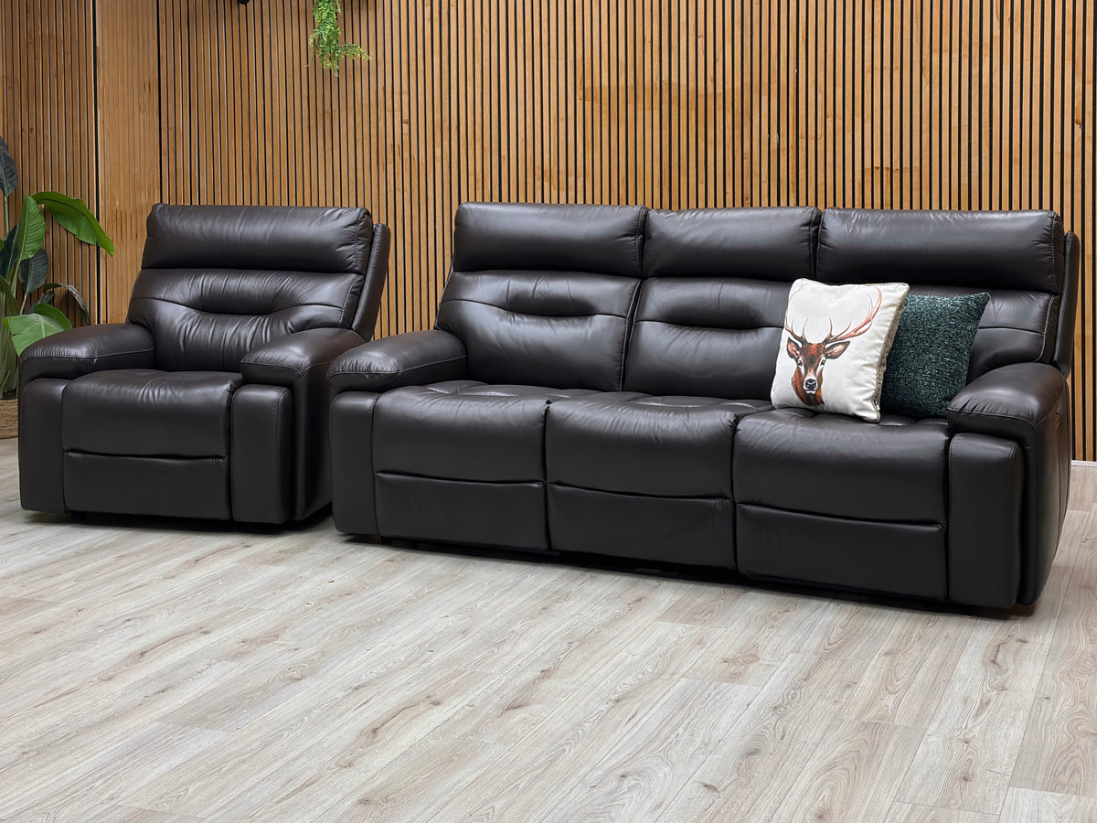 ‘Cinemax’ Lx-6413 Espresso Brown Leather 3 Seater 3 Cushion Power Recliner Sofa with Power Headrests + Chair