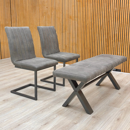 ‘Moon’ Grey Fabric 140cm Dining Bench + 2 Cantilever Dining Chairs