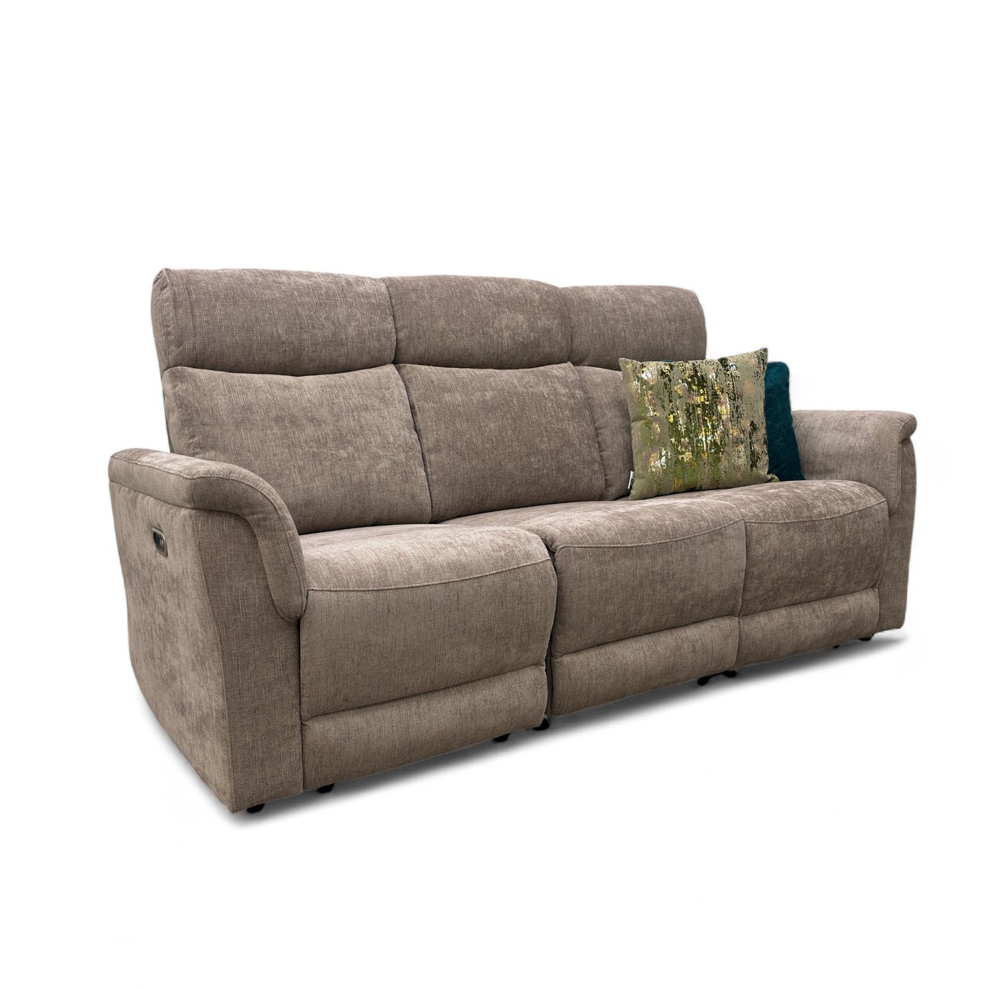 ‘Maude’ Mocha Tight Weave Fabric 3 Seater Power Recliner Sofa