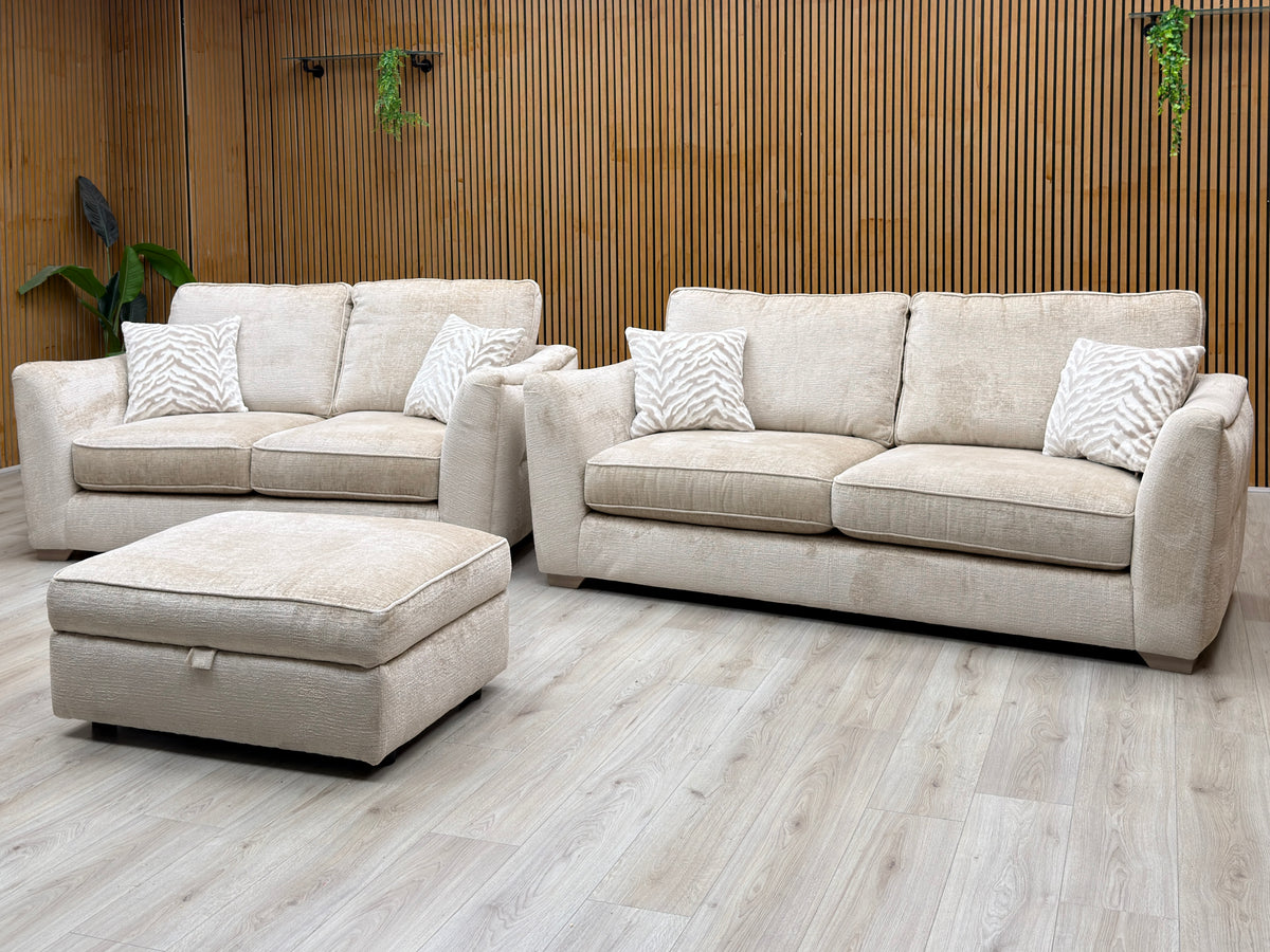'Boujee' Lustro Biscuit Beige Fabric 3 + 2 Seater Classic Back Sofa Set + Storage Footstool