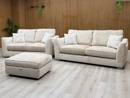 'Boujee' Lustro Biscuit Beige Fabric 3 + 2 Seater Classic Back Sofa Set + Storage Footstool