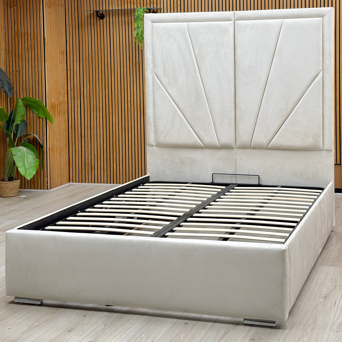 ‘Bentley’ Cream Velvet End Lift Ottoman Bed with High Floor Standing Headboard - King