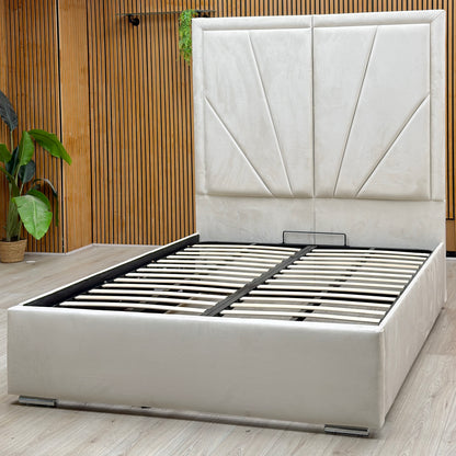 ‘Bentley’ Cream Velvet End Lift Ottoman Bed with High Floor Standing Headboard - King