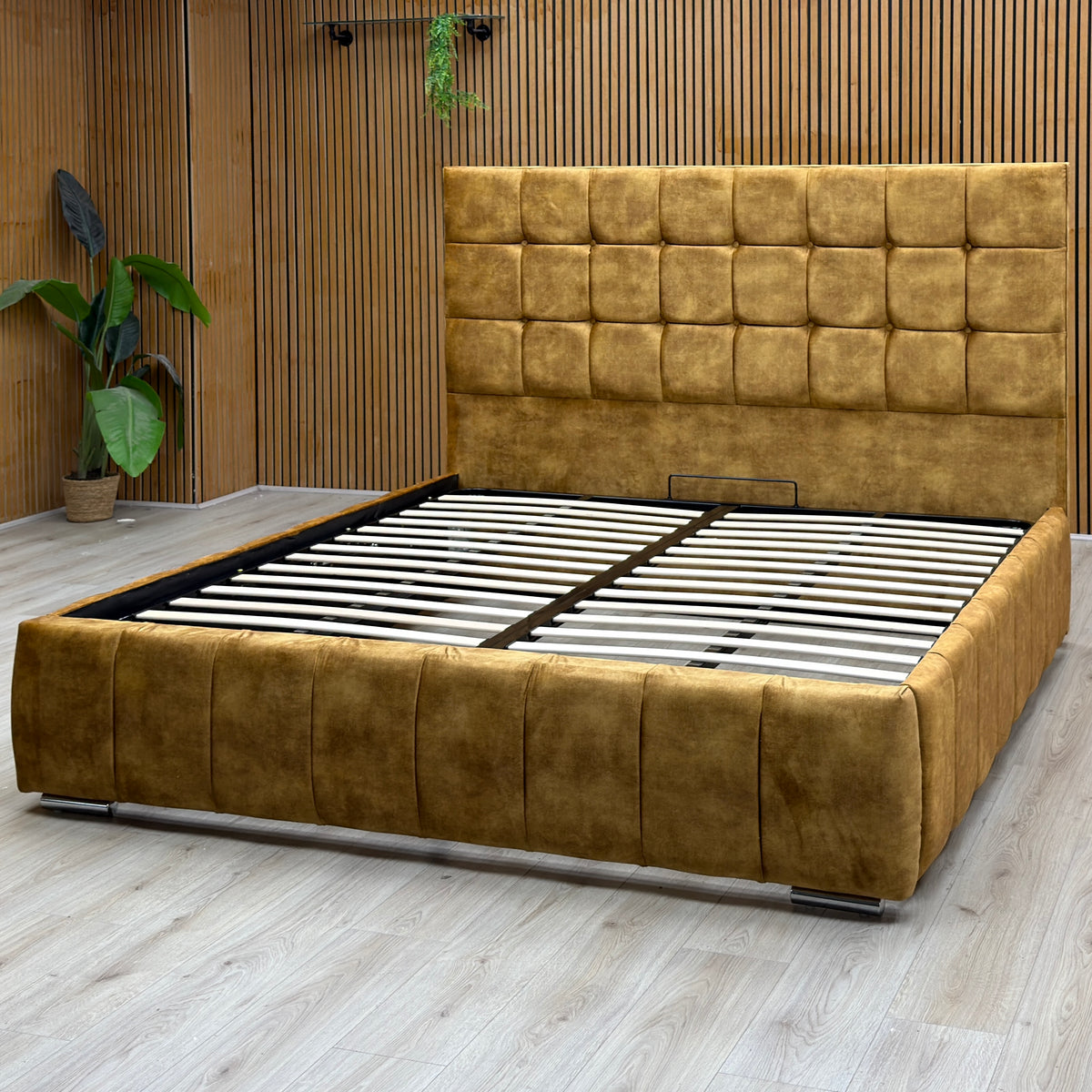 ‘Sullivan’ Heritage Saffron Mustard Velvet Ottoman End Lift Bed - Super King