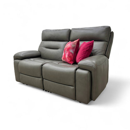 ‘Cinemax' Le-9308 Grey Leather 2 Seater Power Recliner Sofa with Power Headrests and Media Arms