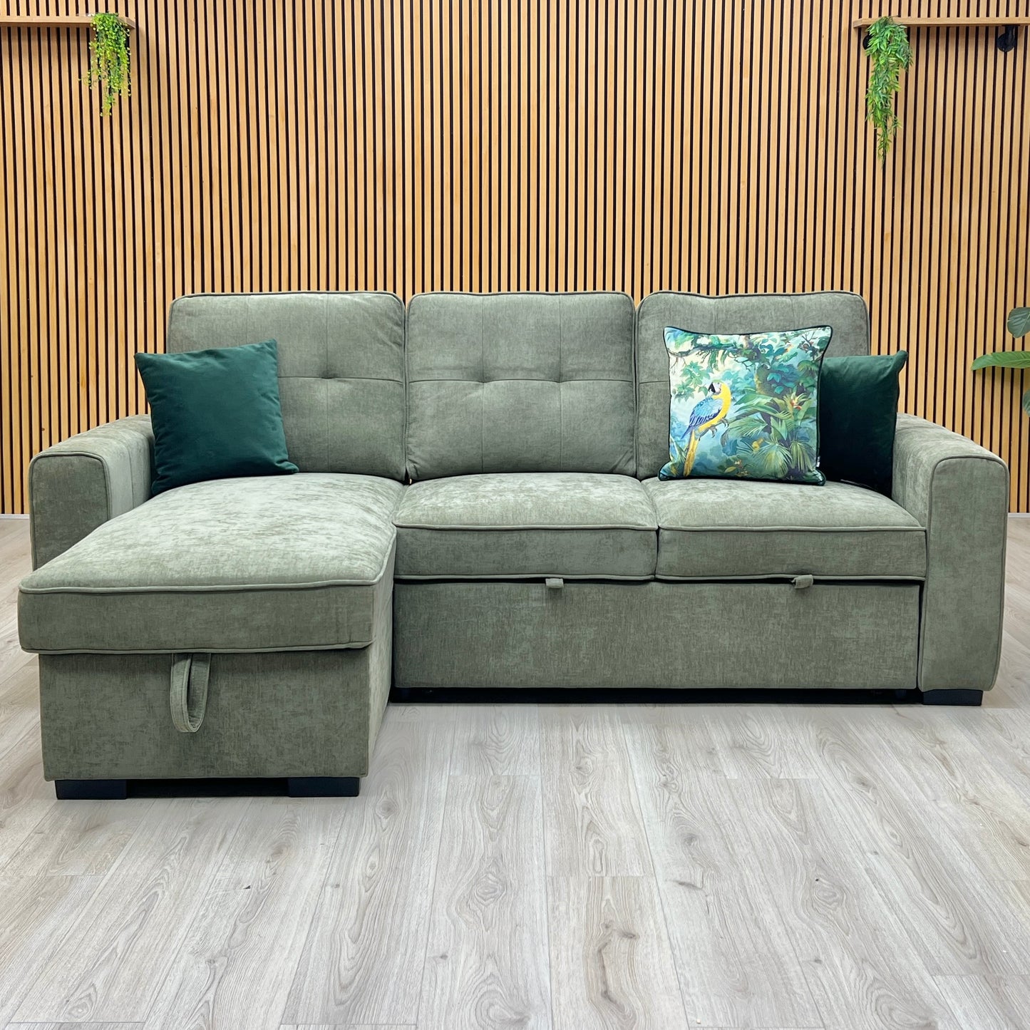 ‘Terry’ Sage Green Fabric Reversible Corner Sofa Bed with Storage Chaise