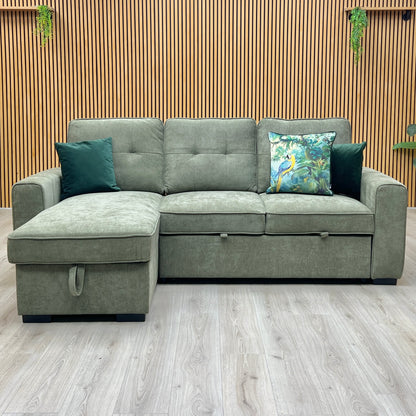 ‘Terry’ Sage Green Fabric Reversible Corner Sofa Bed with Storage Chaise
