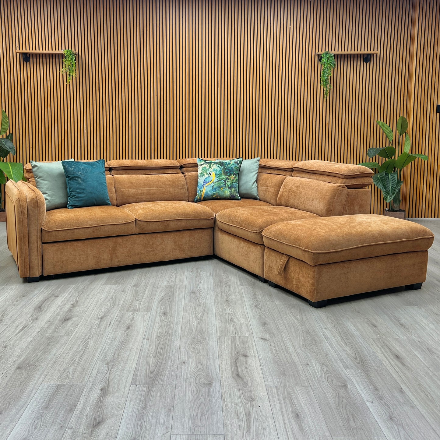 ‘Rodney’ Rust Brown Fabric Right Hand Facing Corner Sofa Bed with Storage