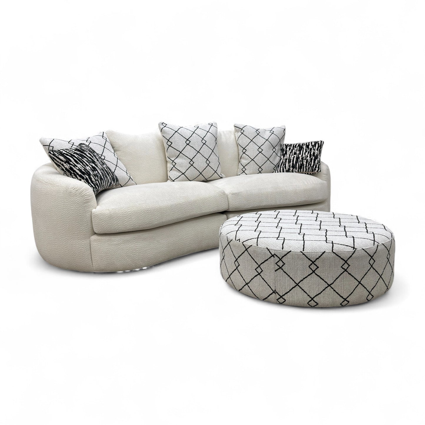 ‘Bow' Ecru Ivory Boucle 4 Seater Sofa + Pattern Ivory Boucle Footstool