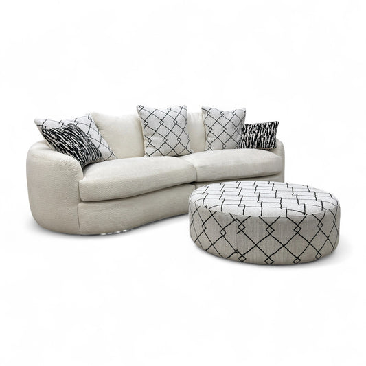 ‘Bow' Ecru Ivory Boucle 4 Seater Sofa + Pattern Ivory Boucle Footstool