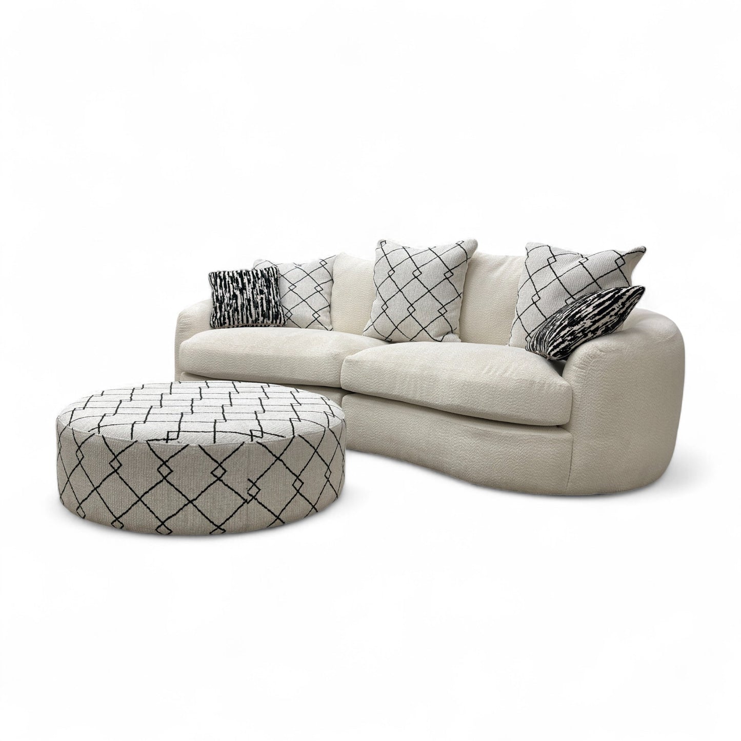 ‘Bow' Ecru Ivory Boucle 4 Seater Sofa + Pattern Ivory Boucle Footstool
