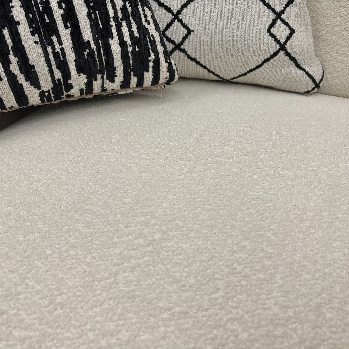 ‘Bow' Ecru Ivory Boucle 4 Seater Sofa + Pattern Ivory Boucle Footstool