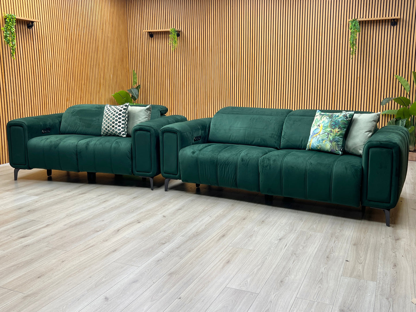 ‘Elphaba’ Opulence Bottle Green Fabric 3 + 2 Seater Power Recliner Sofa with Storage Arms