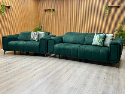 ‘Elphaba’ Opulence Bottle Green Fabric 3 + 2 Seater Power Recliner Sofa with Storage Arms