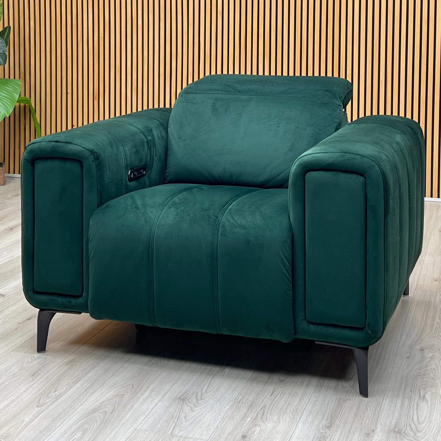‘Elphaba' Opulence Bottle Green Fabric Power Recliner Chair with Storage Arms