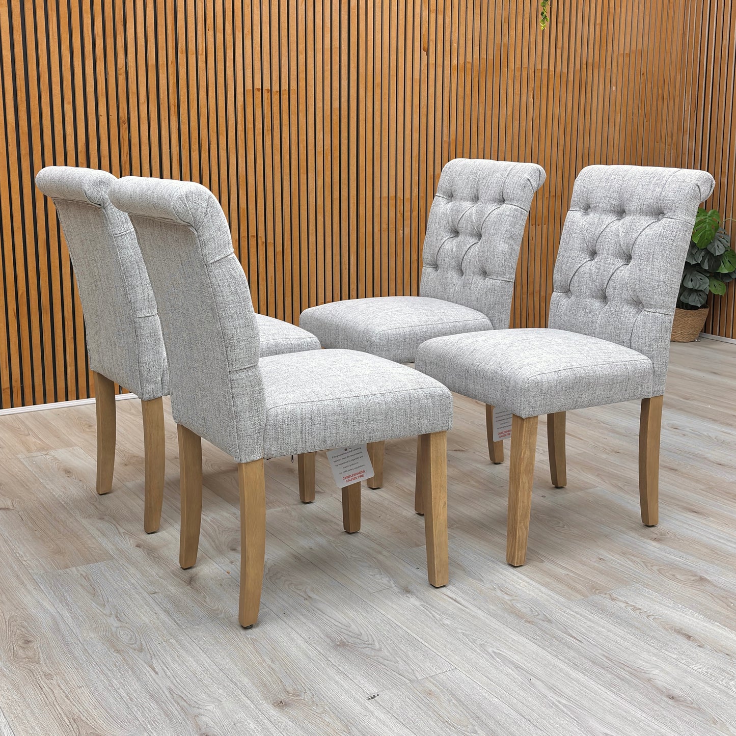 ‘Lewis’ Mist Grey Fabric Button Back Roll Back Dining Chairs