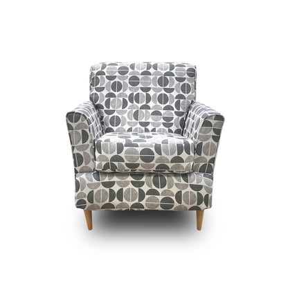 ‘Tenby’ Light Greyscale Half Moon Patterned Fabric Armchair