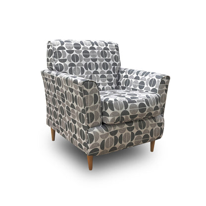‘Tenby’ Light Greyscale Half Moon Patterned Fabric Armchair