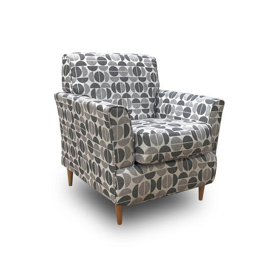 ‘Tenby’ Light Greyscale Half Moon Patterned Fabric Armchair