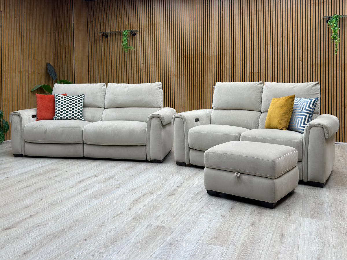 ‘Nixon’ Fab-Coe-R120 Light Khaki Velvet Fabric 3 + 2 Seater Power Recliner Sofa Set + Storage Footstool