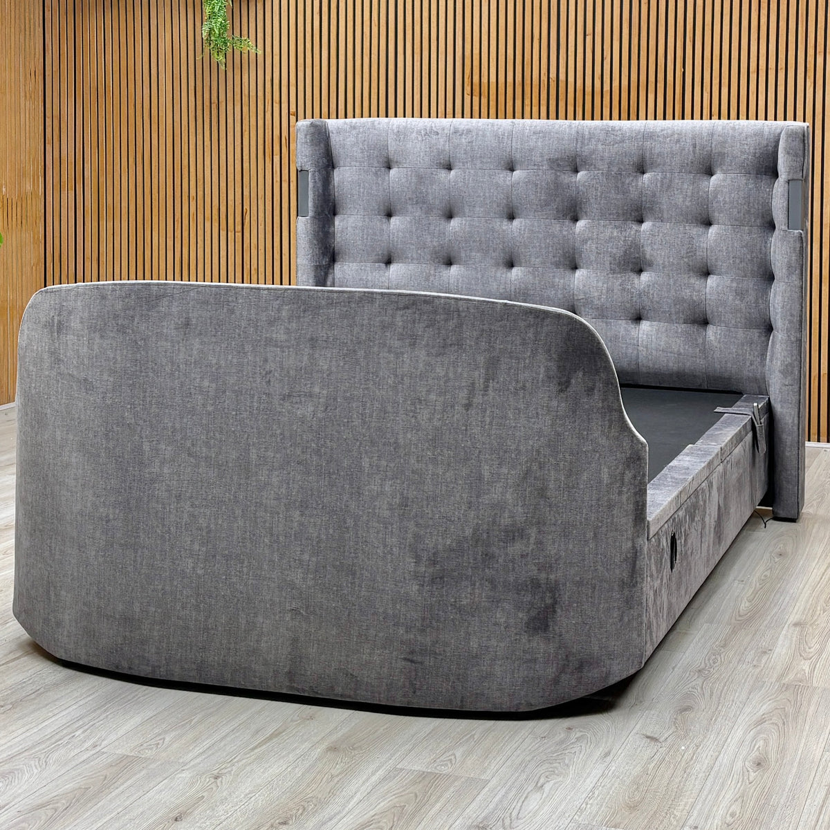 'Sonic' Dark Grey Velvet Fabric Smart Electric End Lift Ottoman TV Bed Frame with Dolby Atmos - King