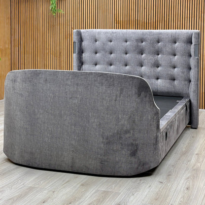 'Sonic' Dark Grey Velvet Fabric Smart Electric End Lift Ottoman TV Bed Frame with Dolby Atmos - King