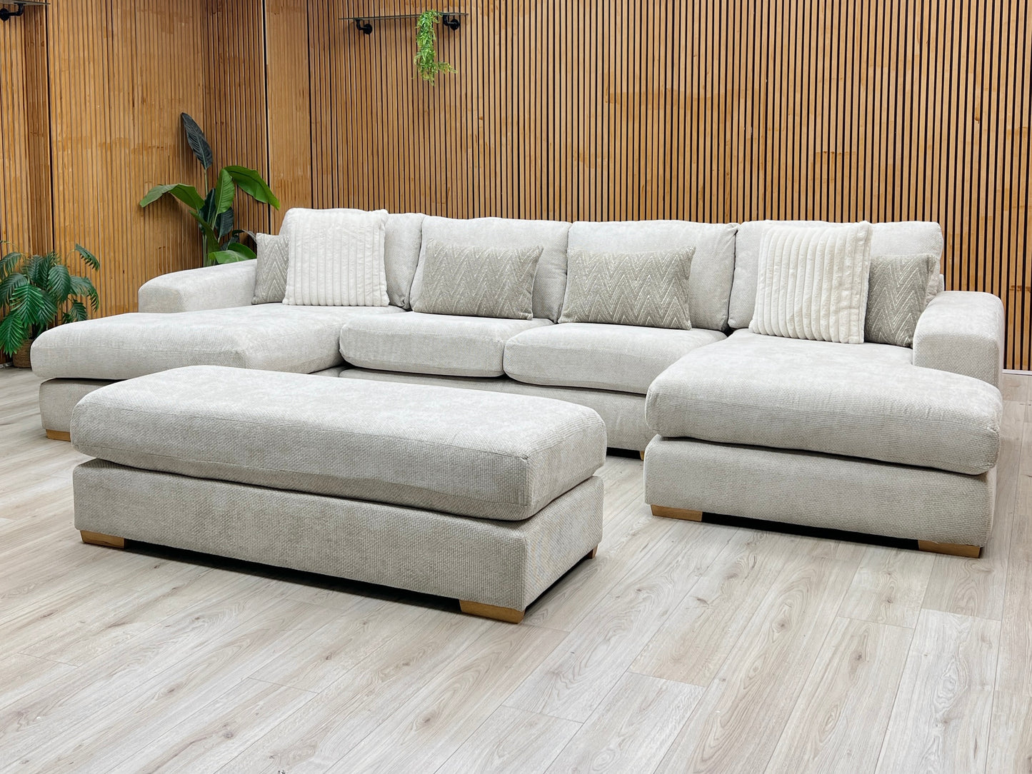 ‘Broadgate’ Stone Fabric Large U-shape Modular Sofa with Footstool