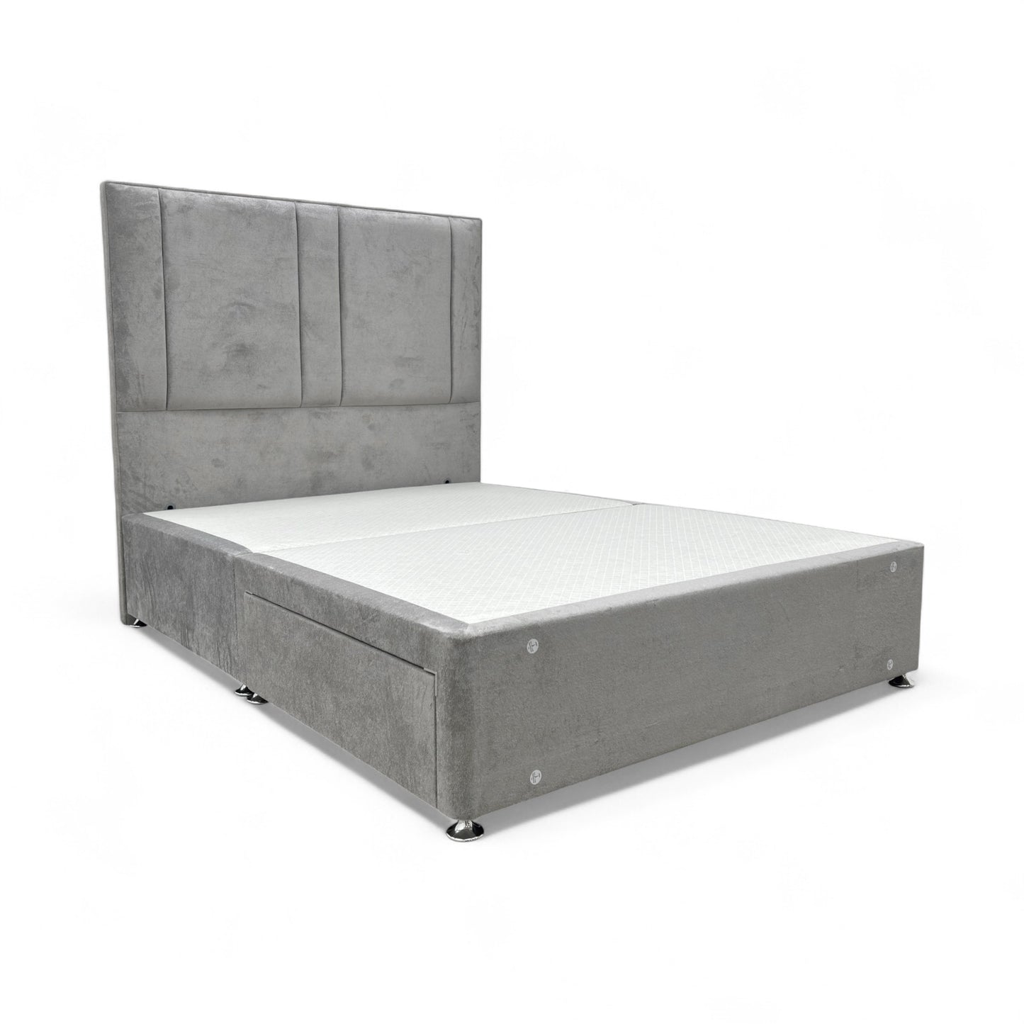 ‘Pluto' Milan Nickel Velvet Floor Standing Headboard + 2 Draw Double Divan Base