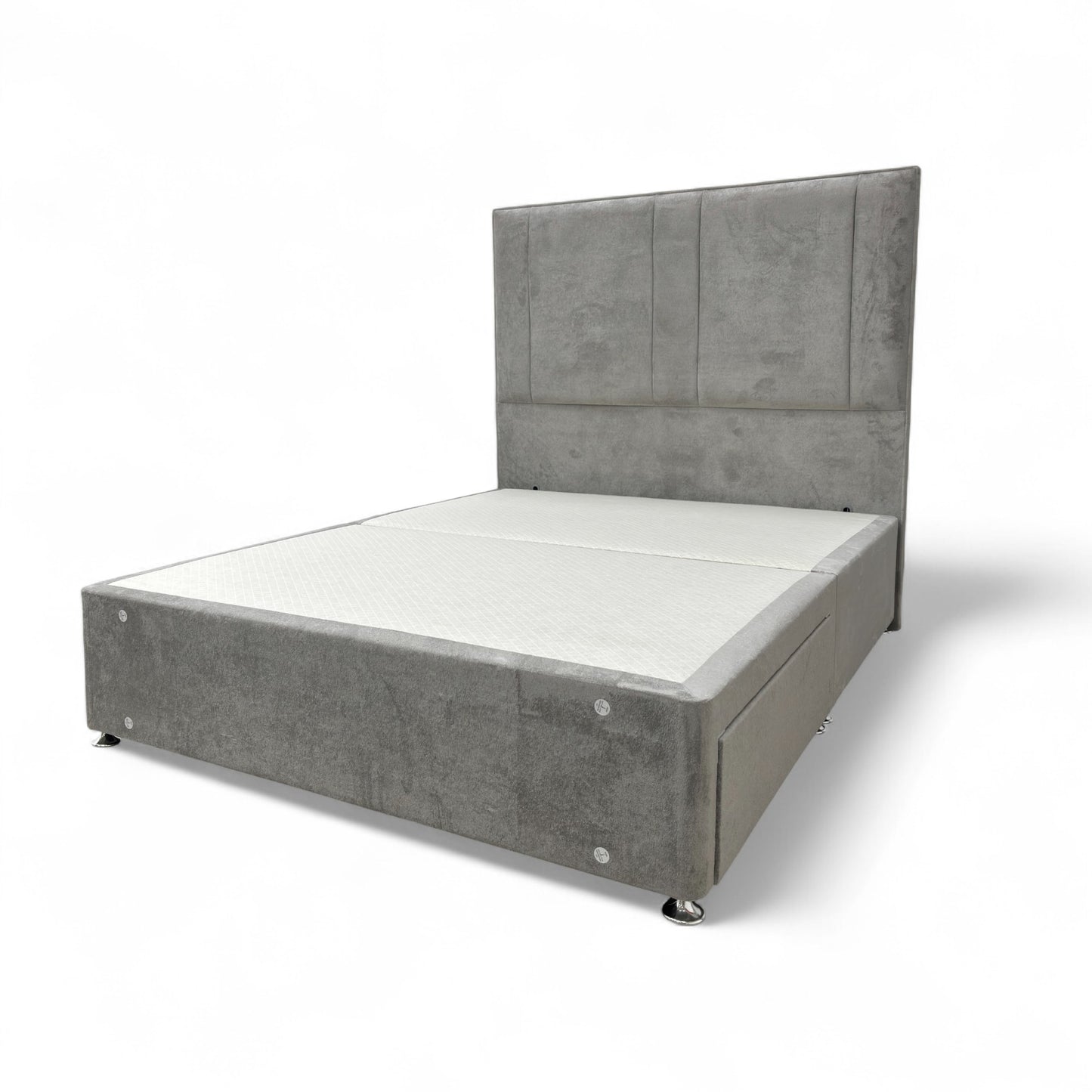 ‘Pluto' Milan Nickel Velvet Floor Standing Headboard + 2 Draw Double Divan Base