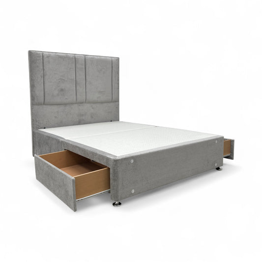 ‘Pluto' Milan Nickel Velvet Floor Standing Headboard + 2 Draw Double Divan Base