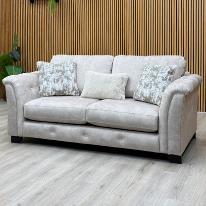 'Aura' Kenzo Cream Dw Ft Velvet Fabric 3 Seater Classic Back Sofa + Swivel Chair with Dark Wood Arm