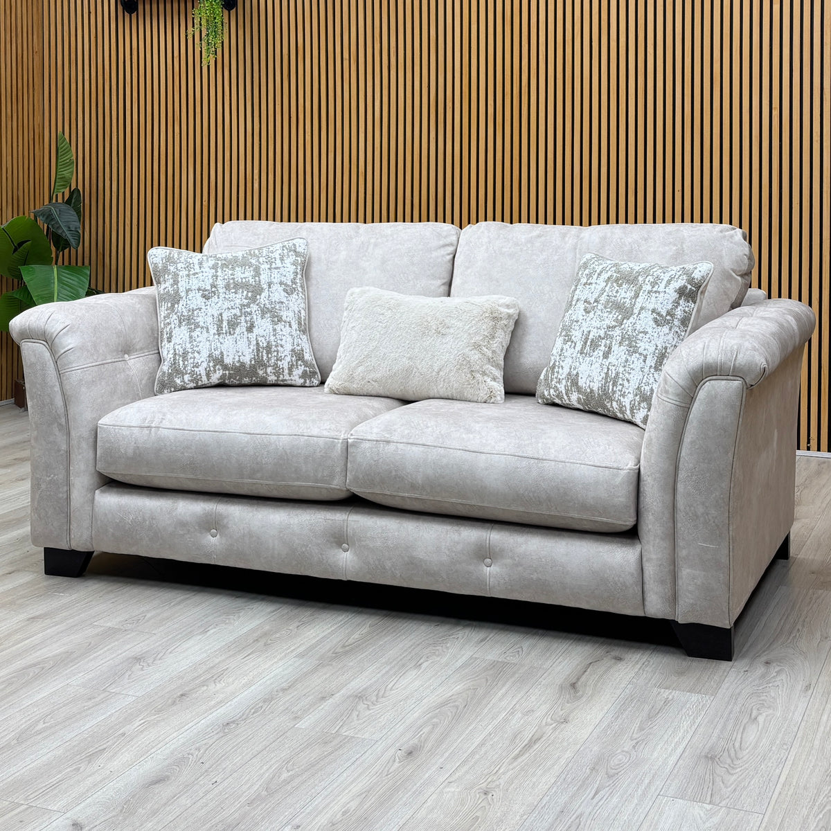 ‘Aura’ Kenzo Cream Dw Ft Velvet Fabric 3 Seater Classic Back Sofa + Footstool