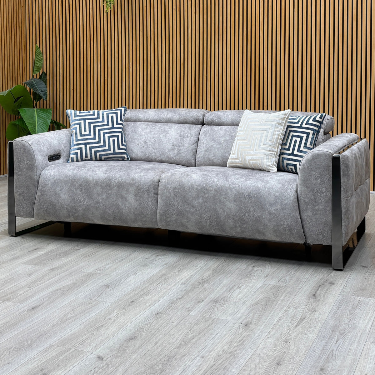 'Gisella' Marble Stone Grey Velvet Fabric 3 Seater Power Recliner Sofa with Power Headrests